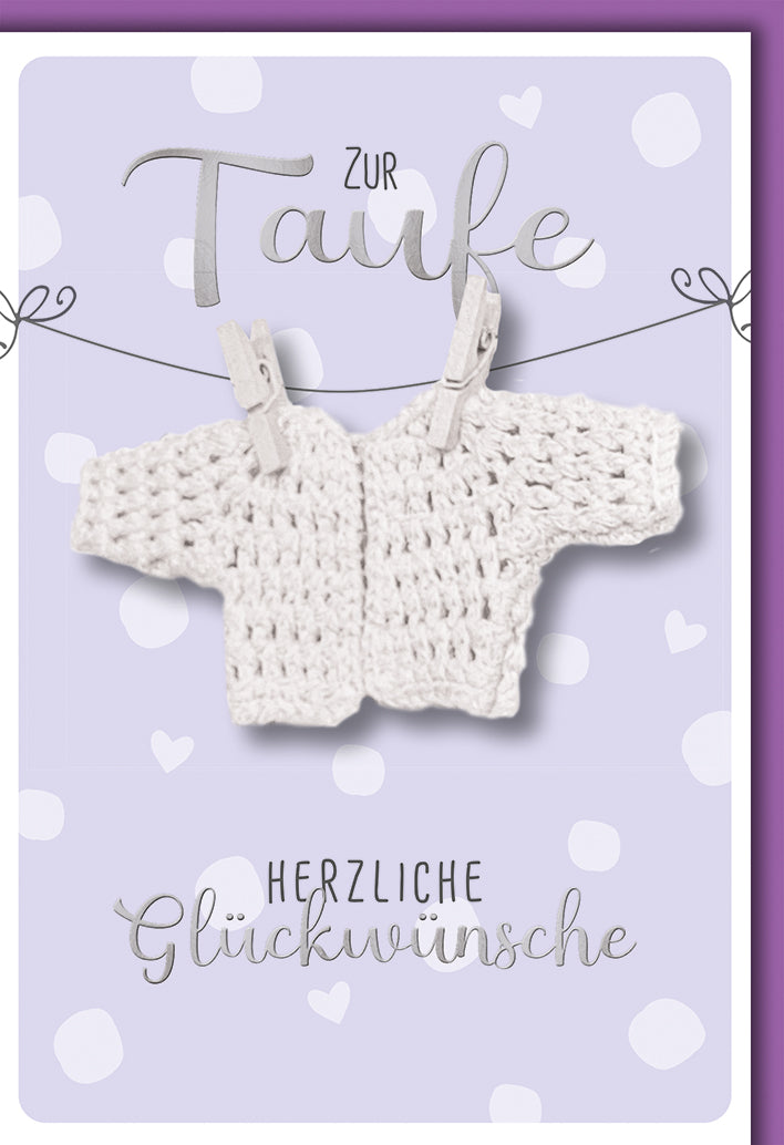 Taufkarte Elegant: Gehäkeltes Babyjäckchen an Wäscheleine mit herzlichen Glückwünschen