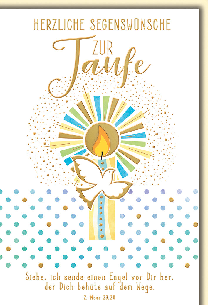 Taufkarte Elegant: Goldene Kerze mit Taube und Bibelvers, moderne Segenswünsche
