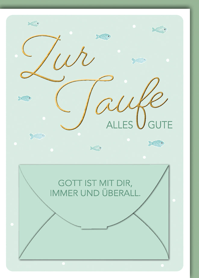 Taufkarte elegant: Kleine Fische in Mintgrün mit goldenem Schriftzug und Geldkuvert