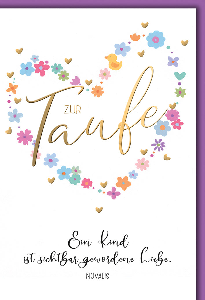 Taufkarte Elegant: Novalis-Zitat mit floralen Herz-Motiven in Gold-Schrift