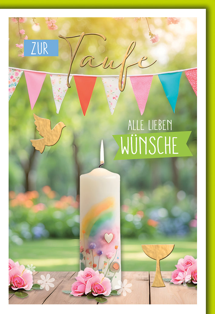 Taufkarte Elegant: Regenbogen-Kerze mit bunter Wimpelkette und Rosen-Dekoration