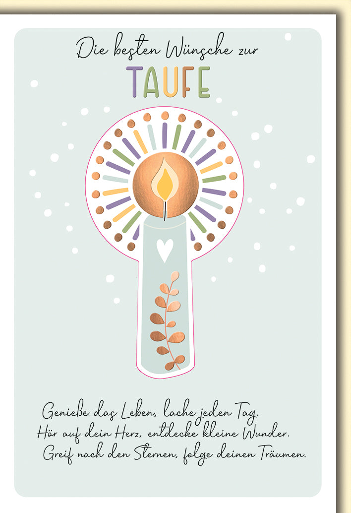 Taufkarte Elegant: Stylische Kerze mit Strahlenkranz in Pastell-Tönen und Spruch