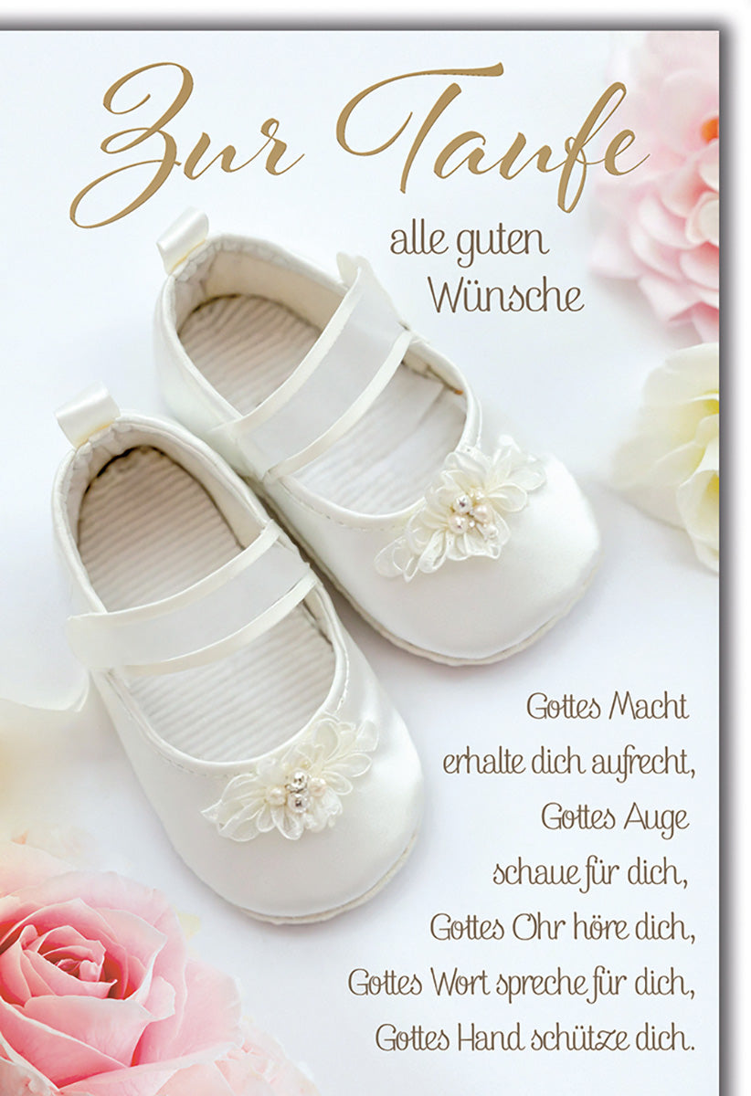 Taufkarte: Elegante Weiß-Rosa Design mit Babyschuhen und Segenswünschen für Mädchen