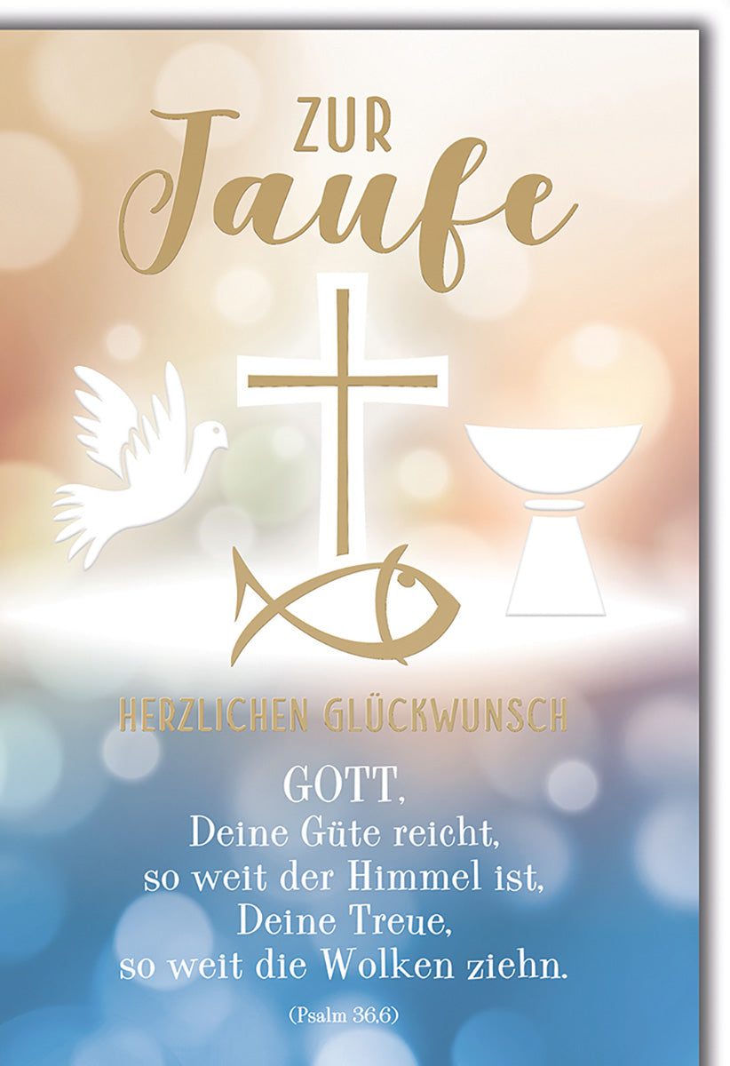 Taufkarte: Elegantes Design mit Taube, Kreuz & Kelch – Segenswünsche in sanften Pastellfarben