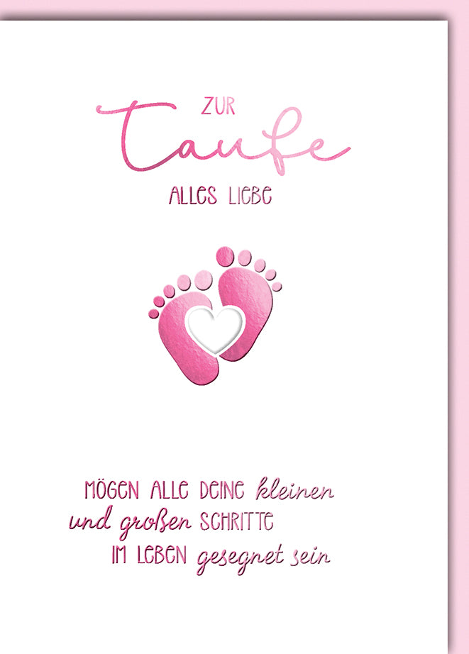 Taufkarte Mädchen: Rosa Babyfüßchen mit Herz und elegantem Segenswunsch
