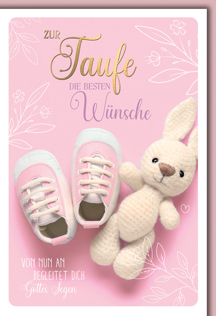 Taufkarte Mädchen: Rosa Babyschuhe mit Strickhase in zarten Pastelltönen