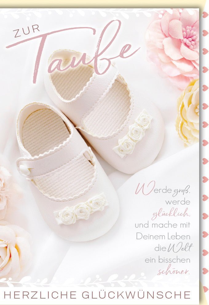 Taufkarte: Baby-Schuhe & Blumiges Design in Rosa & Weiß für christliche Tauffeiern – Inkl. Kuvert. "Werde groß, werde glücklich"