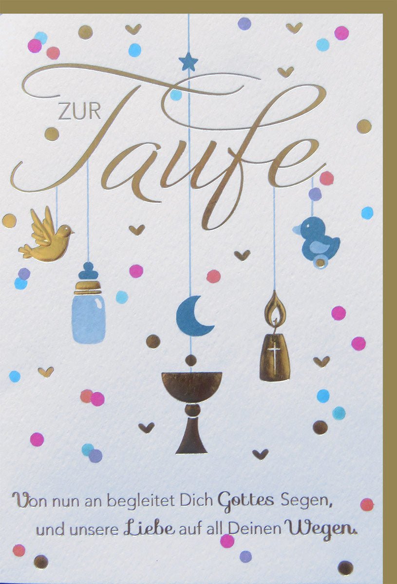 Taufkarte: Bunte Symbole, Taube, Taufkerze & Mond – Glückwünsche zur Taufe mit Folienprägung auf Naturkarton. Inkl. Kuvert