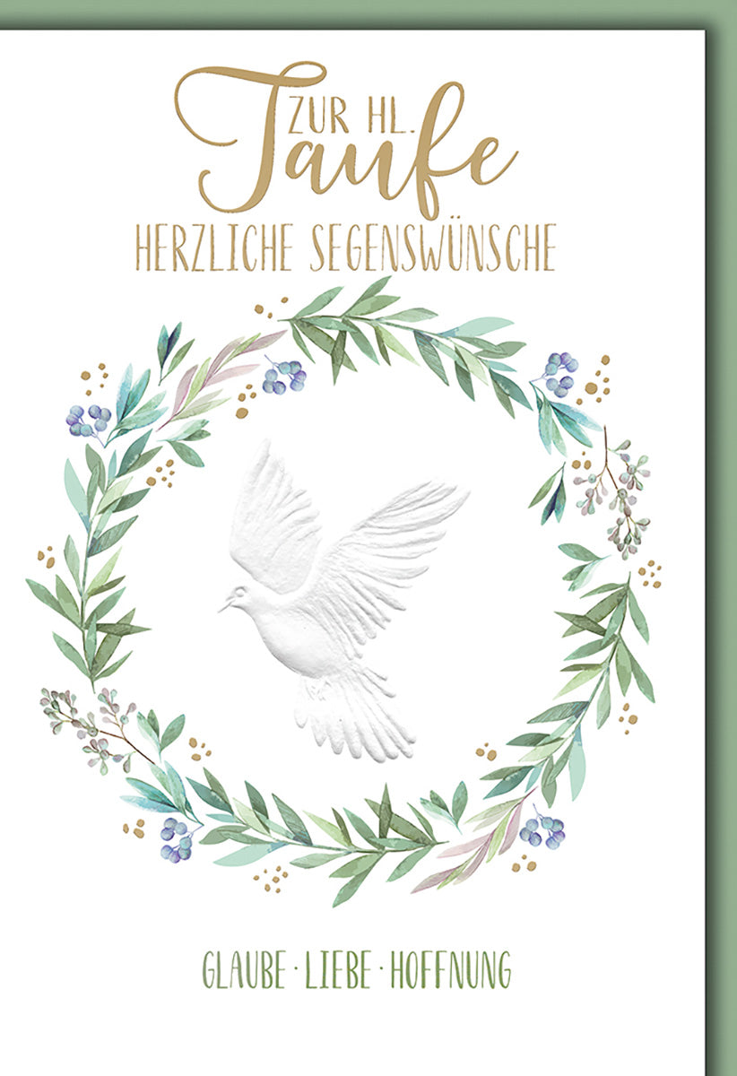 Taufkarte mit Taube & Blumenkranz – Segenswünsche in Gold, zartes Aquarell-Design für Jungen & Mädchen