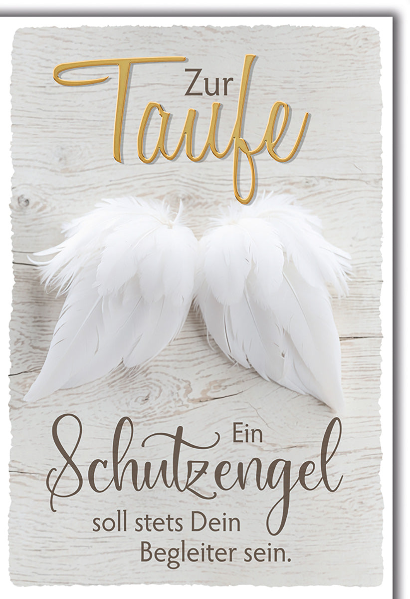 Taufkarte Schutzengel-Design: Elegante weiße Flügel auf Holzoptik für Jungen und Mädchen