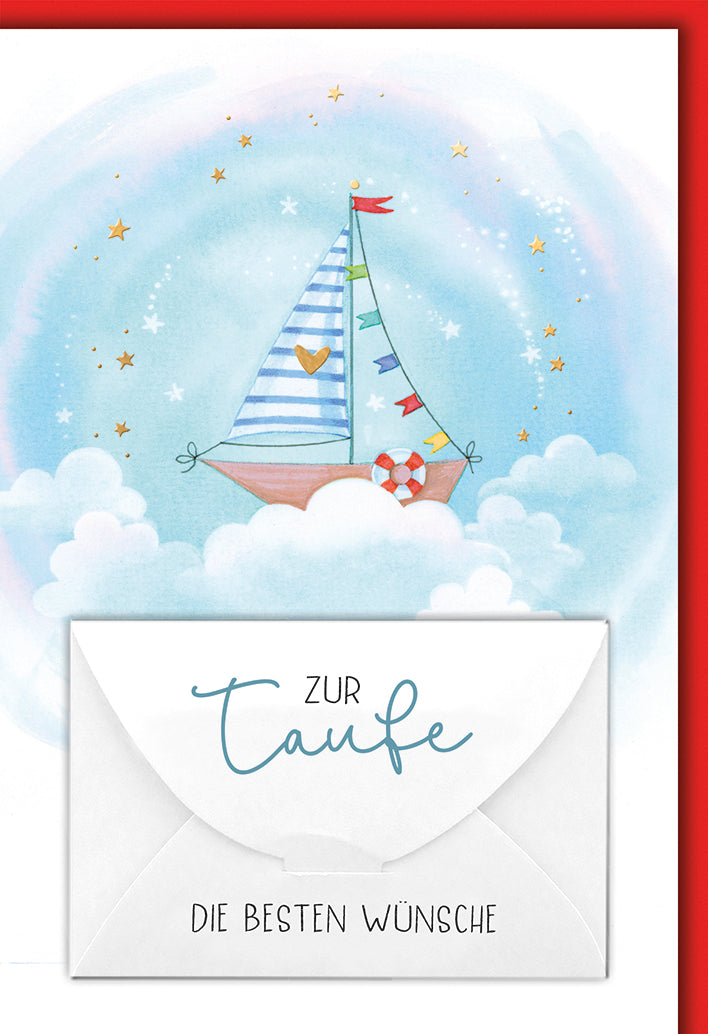 Taufkarte Segelboot: Märchenhaftes Boot in Wolken mit Sternen, Aquarell-Stil