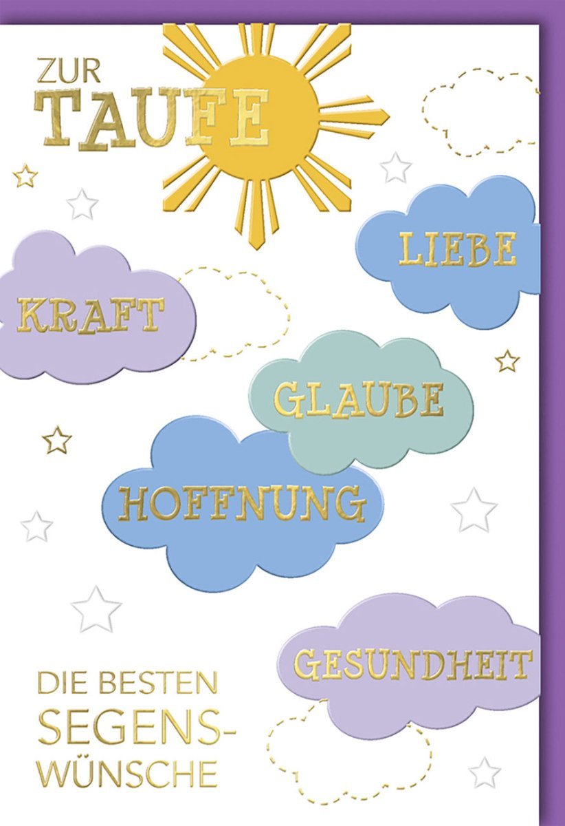 Taufkarte: Wolkenmotiv in Lila/Gelb – Segenswünsche für Baby & Eltern, Blind- & Folienprägung, inkl. Kuvert