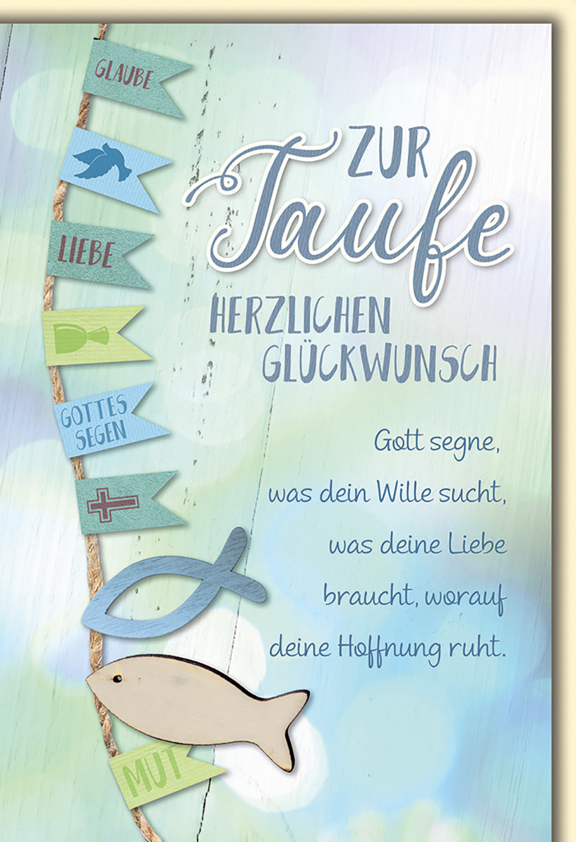 Taufkarte: Segenswünsche mit Fischmotiv und pastellfarbenen Bannern für Jungen und Mädchen