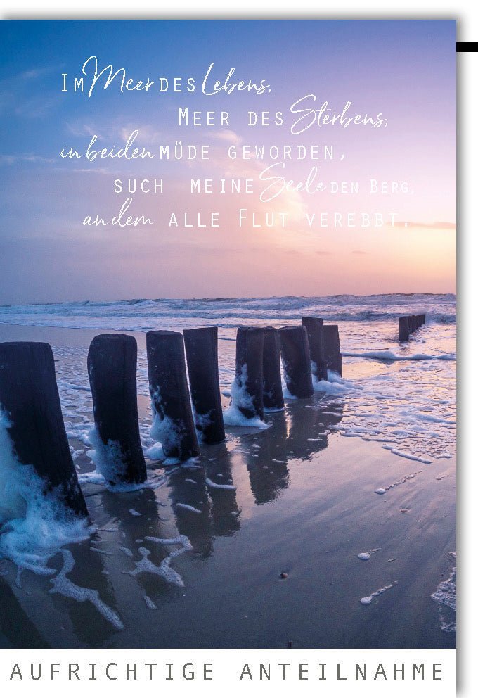 Trauerkarte Abschied – Sonnenuntergang & Meer mit Holzpfählen, Trost und Anteilnahme, inkl. farblich passendem Kuvert