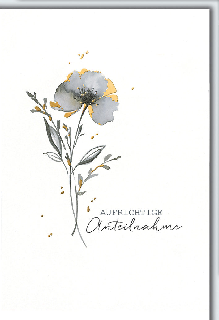 Trauerkarte Anteilnahme: Aquarell-Mohn in Grau-Gold mit elegantem Schriftzug