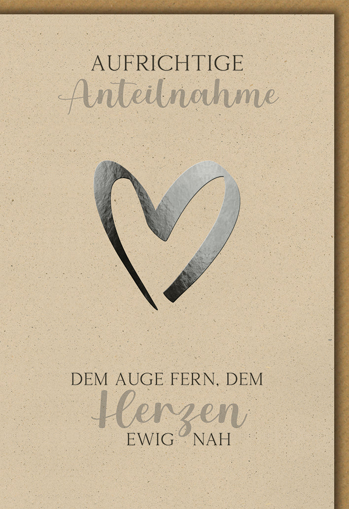 Trauerkarte Anteilnahme: Elegantes Herz-Symbol in Grautönen mit gefühlvollem Spruch
