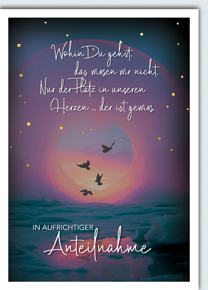 Trauerkarte Anteilnahme: Mystischer Sonnenuntergang mit Vögeln, emotionaler Spruch