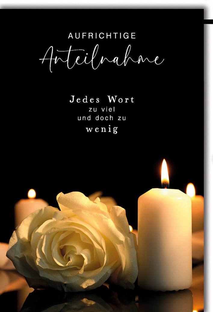 Trauerkarte Aufrichtige Anteilnahme: Weiße Rose mit brennenden Kerzen, elegant
