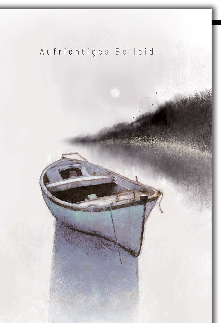 Trauerkarte Aufrichtiges Beileid: Einsames Boot auf stillem See, Aquarell-Stil