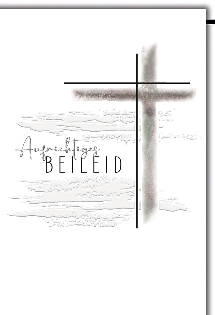 Trauerkarte Aufrichtiges Beileid: Minimalistisches Kreuz in sanften Grautönen