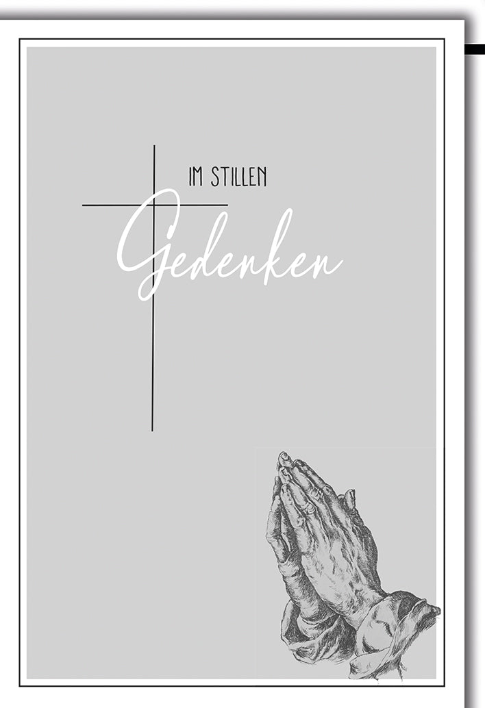 Trauerkarte Beerdigung: Betende Hände mit Kreuz und stilvollem Gedenken-Schriftzug