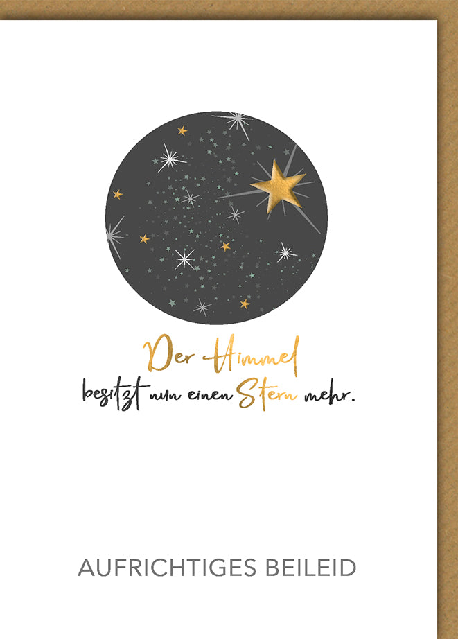 Trauerkarte Beileid: Nachthimmel mit Sternen in Gold und Silber, elegante Typografie