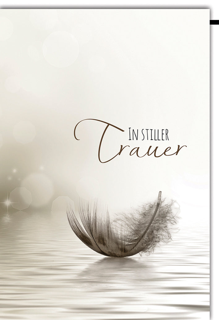 Trauerkarte Elegant: Einzelne Feder auf Wasser mit sanften Bokeh-Effekten, moderne Typografie