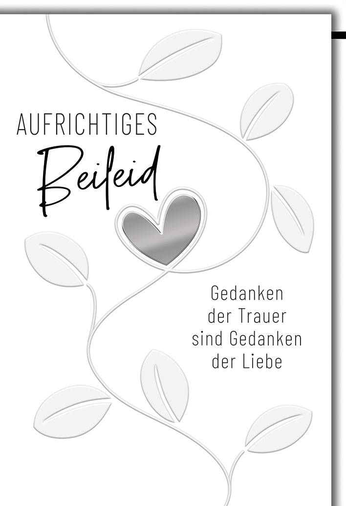 Trauerkarte Elegant: Filigraner Zweig mit Herz-Symbol in Grau-Tönen, aufrichtige Worte
