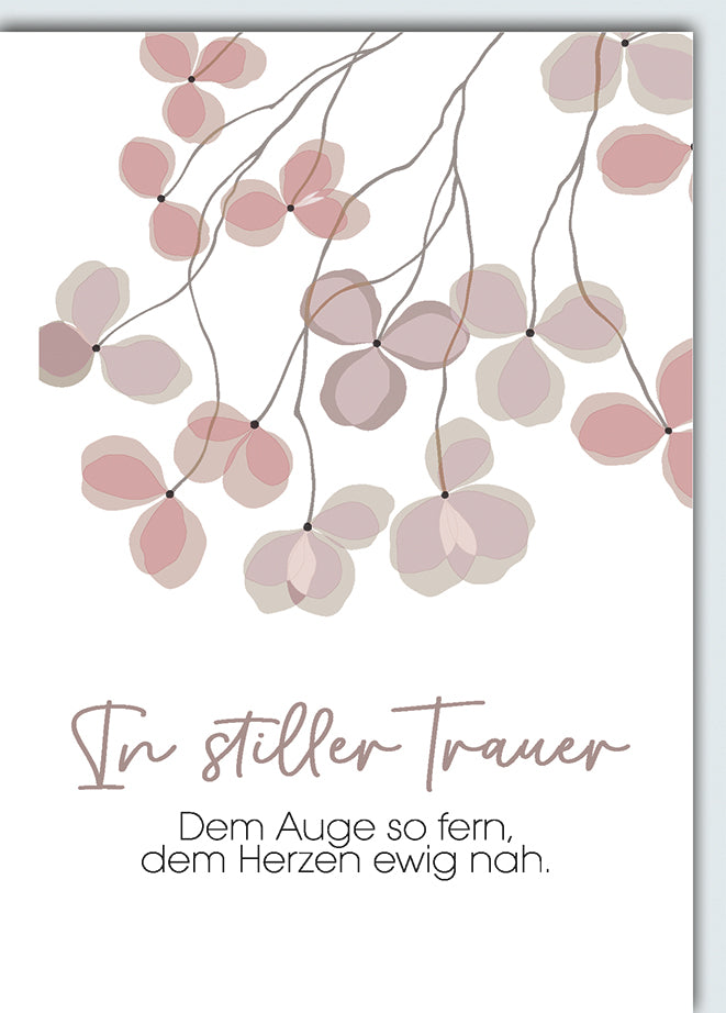 Trauerkarte elegant: Hängende Blätter in Rosa-Tönen mit einfühlsamem Trauerspruch
