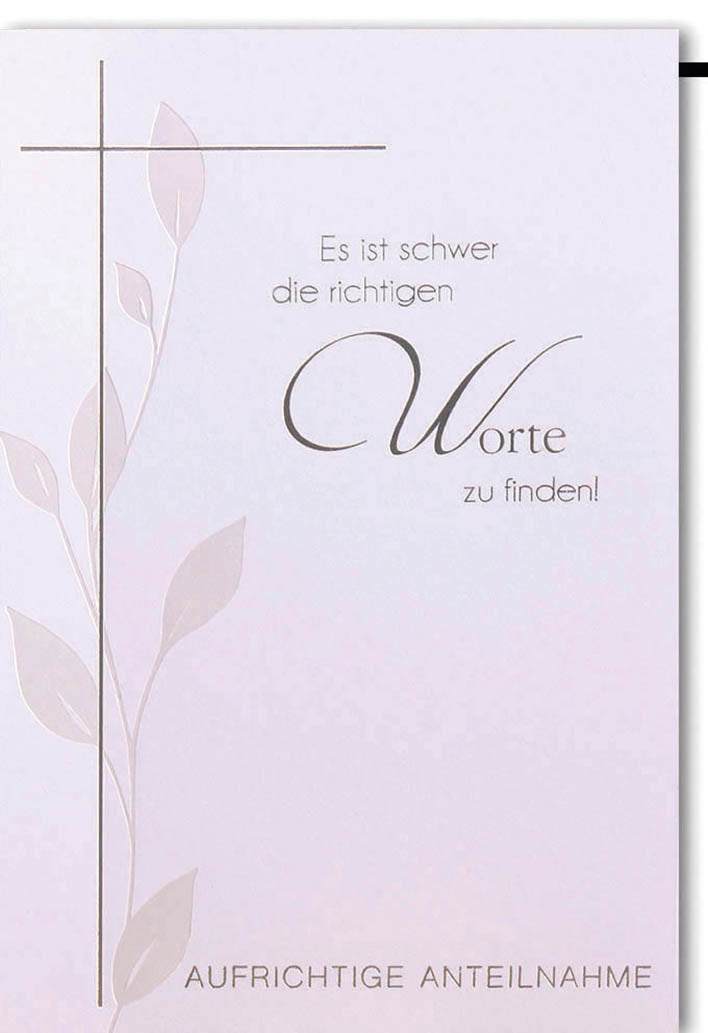 Trauerkarte Elegant: Kreuz mit zartem Blütenzweig in Rosa-Tönen, einfühlsame Worte