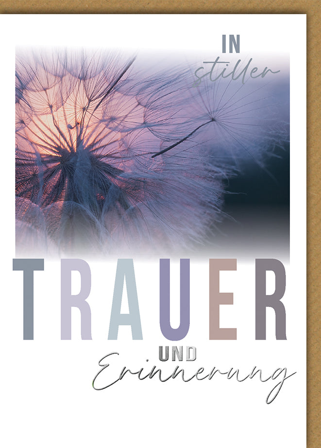 Trauerkarte Elegant: Pusteblume in sanften Violett-Rosa-Tönen, emotionale Typografie