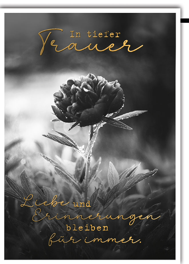 Trauerkarte Elegant: Schwarze Pfingstrose in Monochrom mit goldener Schrift