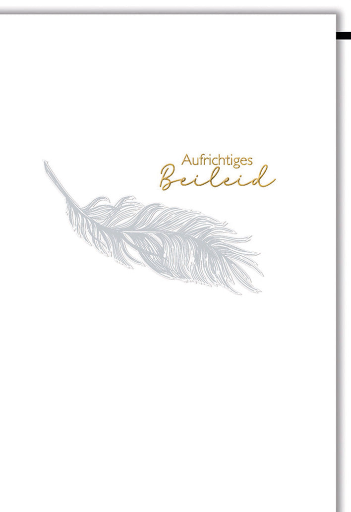 Trauerkarte Elegant: Zarte Feder-Illustration in Grau mit goldenem Beileid-Text