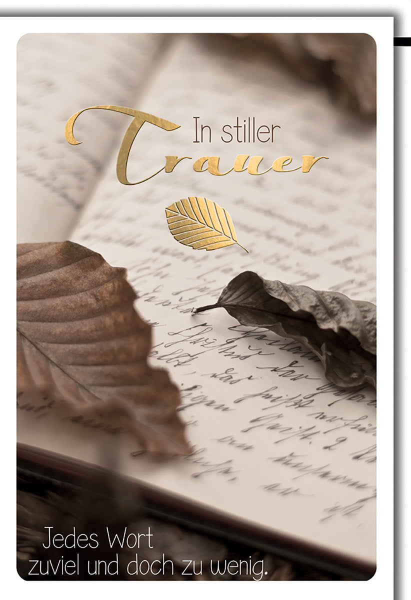 Trauerkarte - Elegantes Design mit goldener Schrift und Blättermotiv auf nostalgischem Hintergrund
