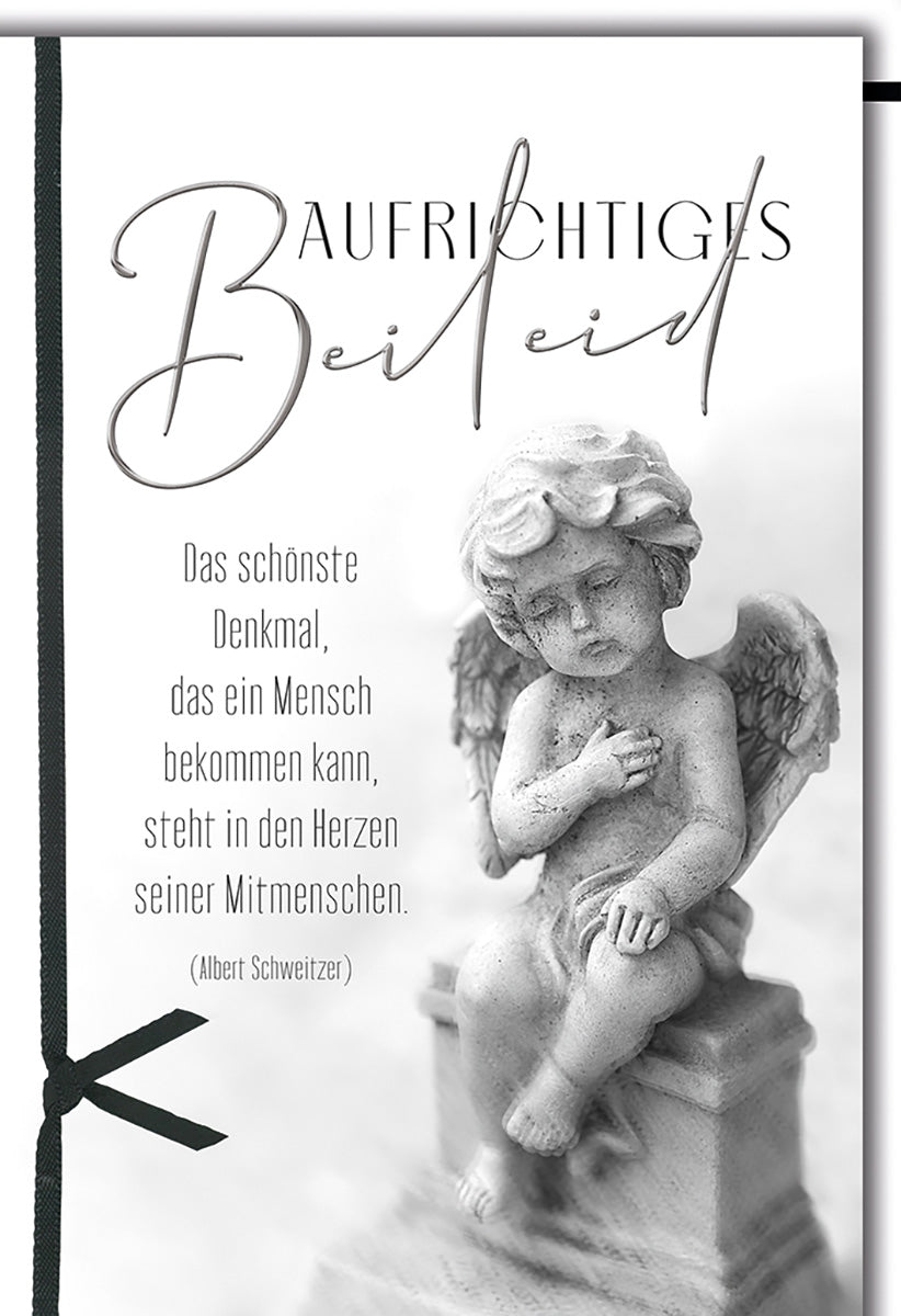Trauerkarte Engelmotiv – Elegante Schwarz-Weiß-Karte mit Albert Schweitzer Zitat für stilvolle Anteilnahme