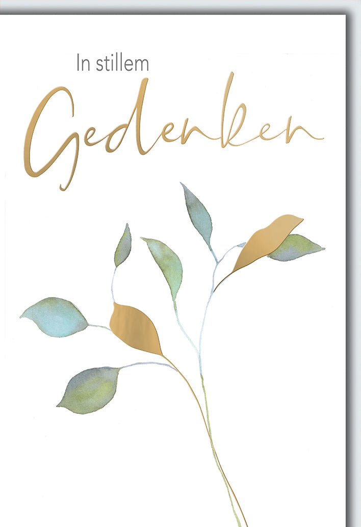 Trauerkarte Gedenken: Zarte Aquarell-Pflanze in Grün-Gold-Tönen, stilvolle Typografie
