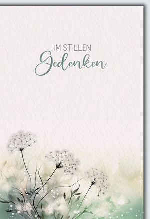 Trauerkarte Gedenken: Aquarell-Pusteblumen in sanften Pastelltönen, elegante Typografie