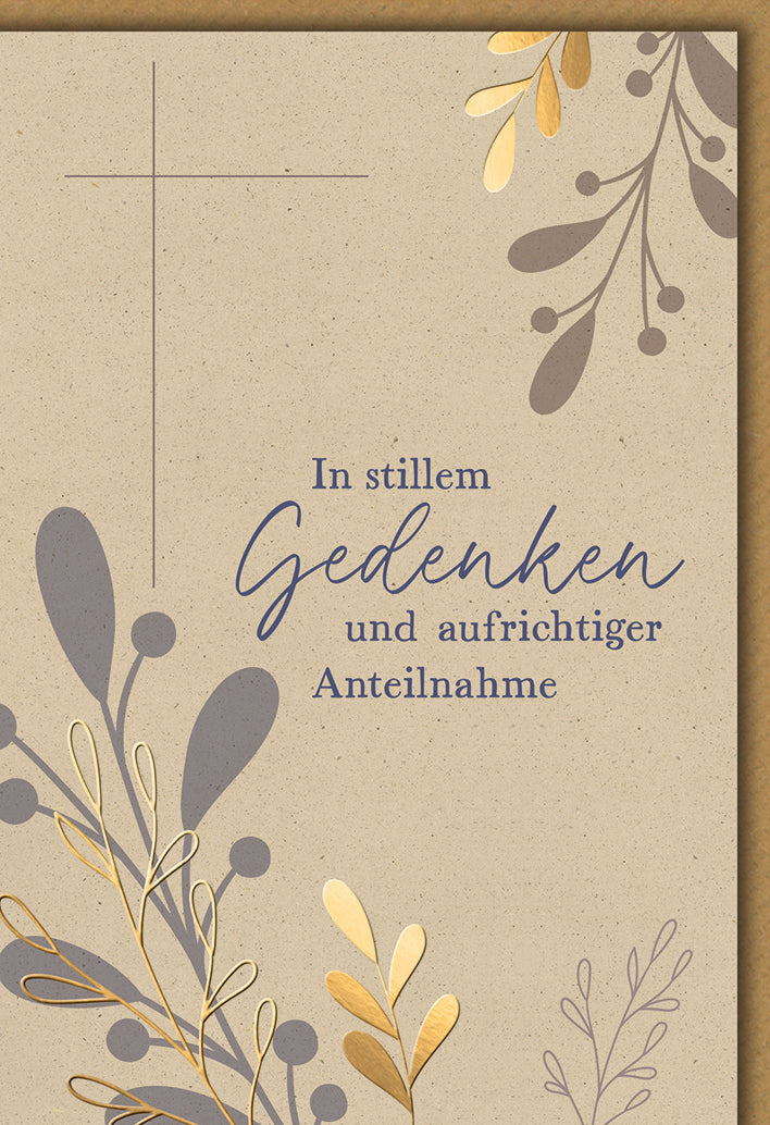 Trauerkarte Gedenken: Elegante Pflanzenzweige in Erdtönen mit Kreuz-Symbol
