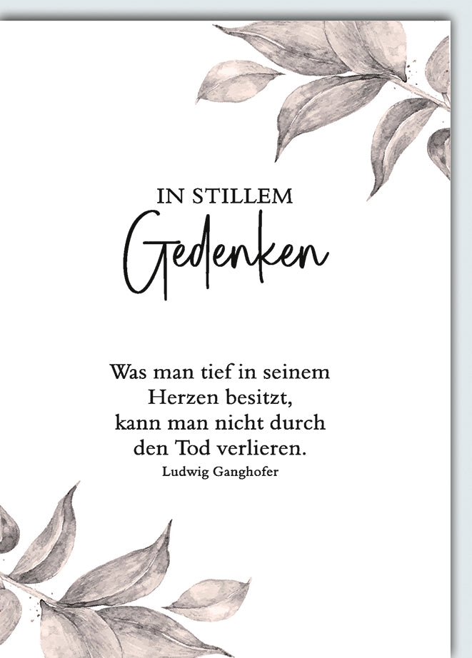 Trauerkarte In stillem Gedenken: Aquarell-Zweige in Braun-Rosa mit Ganghofer-Zitat