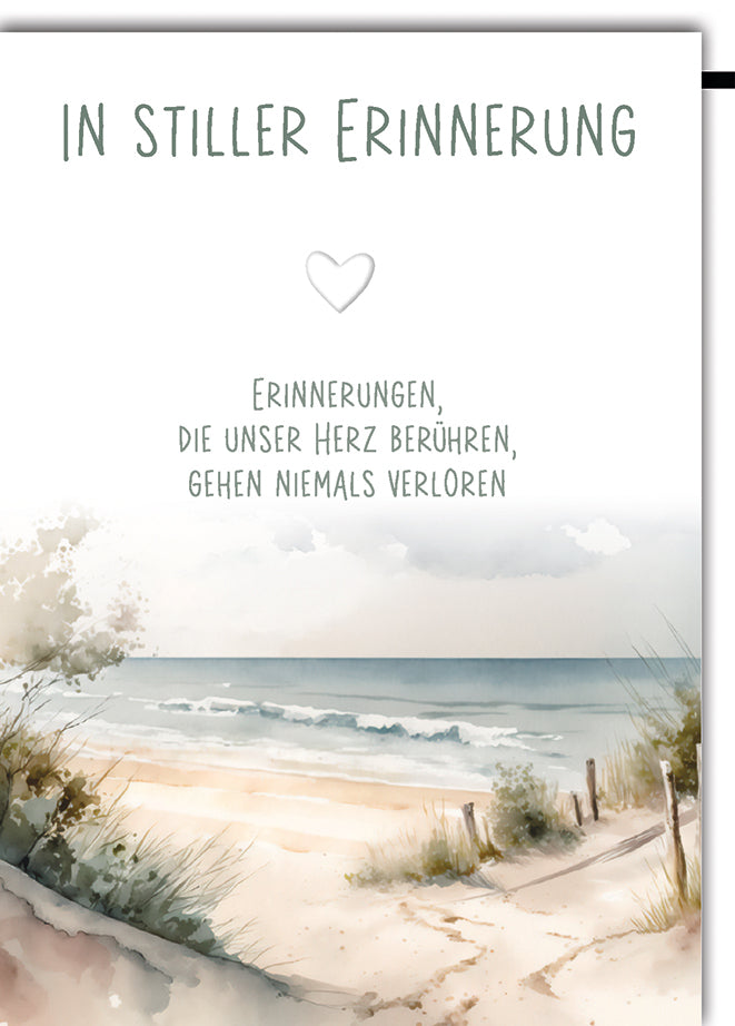 Trauerkarte In stiller Erinnerung: Aquarell-Dünenlandschaft am Meer mit Spruch