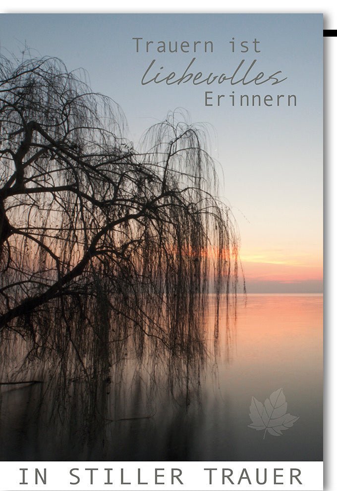 Trauerkarte "Liebevolles Erinnern" – Stilvolle Anteilnahme mit Baum, See & Sonnenuntergang Design, inkl. Kuvert