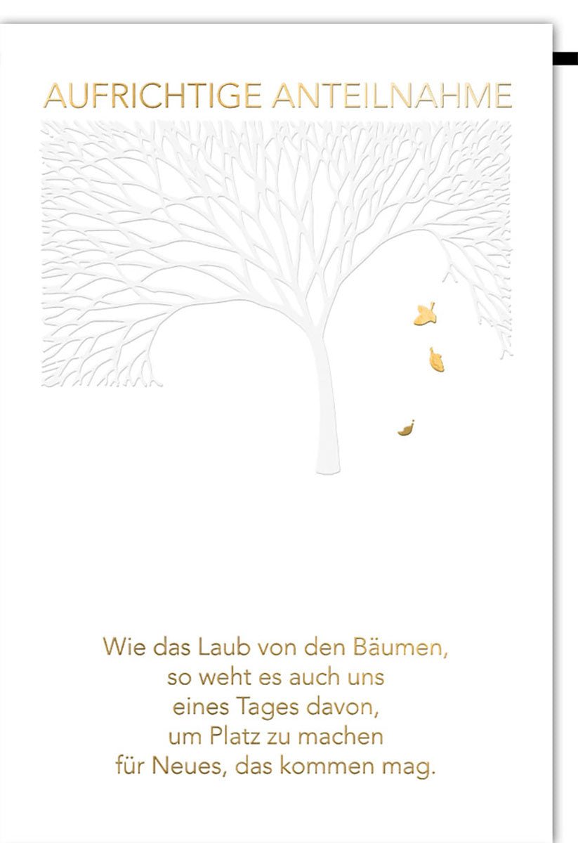 Trauerkarte – Elegantes Baumdesign mit goldenen Blättern, Naturkarton & Prägung für aufrichtige Anteilnahme mit Kuvert