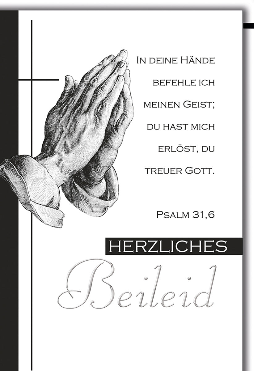 Trauerkarte mit betenden Händen, Psalm 31,6 Zitat, monochrom, christlich inspiriert für Beileidsbekundungen
