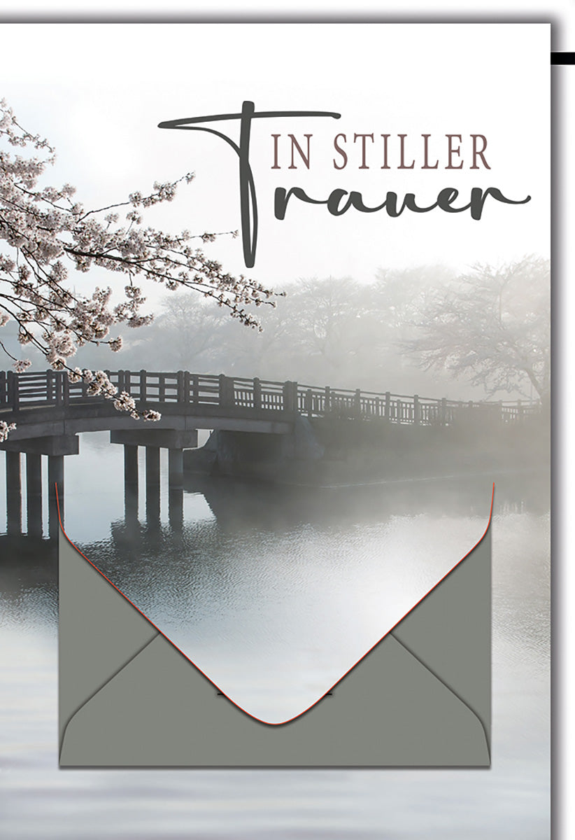 Trauerkarte mit Brückenmotiv und Kirschblüten – Elegante Beileidskarte in sanften Grautönen