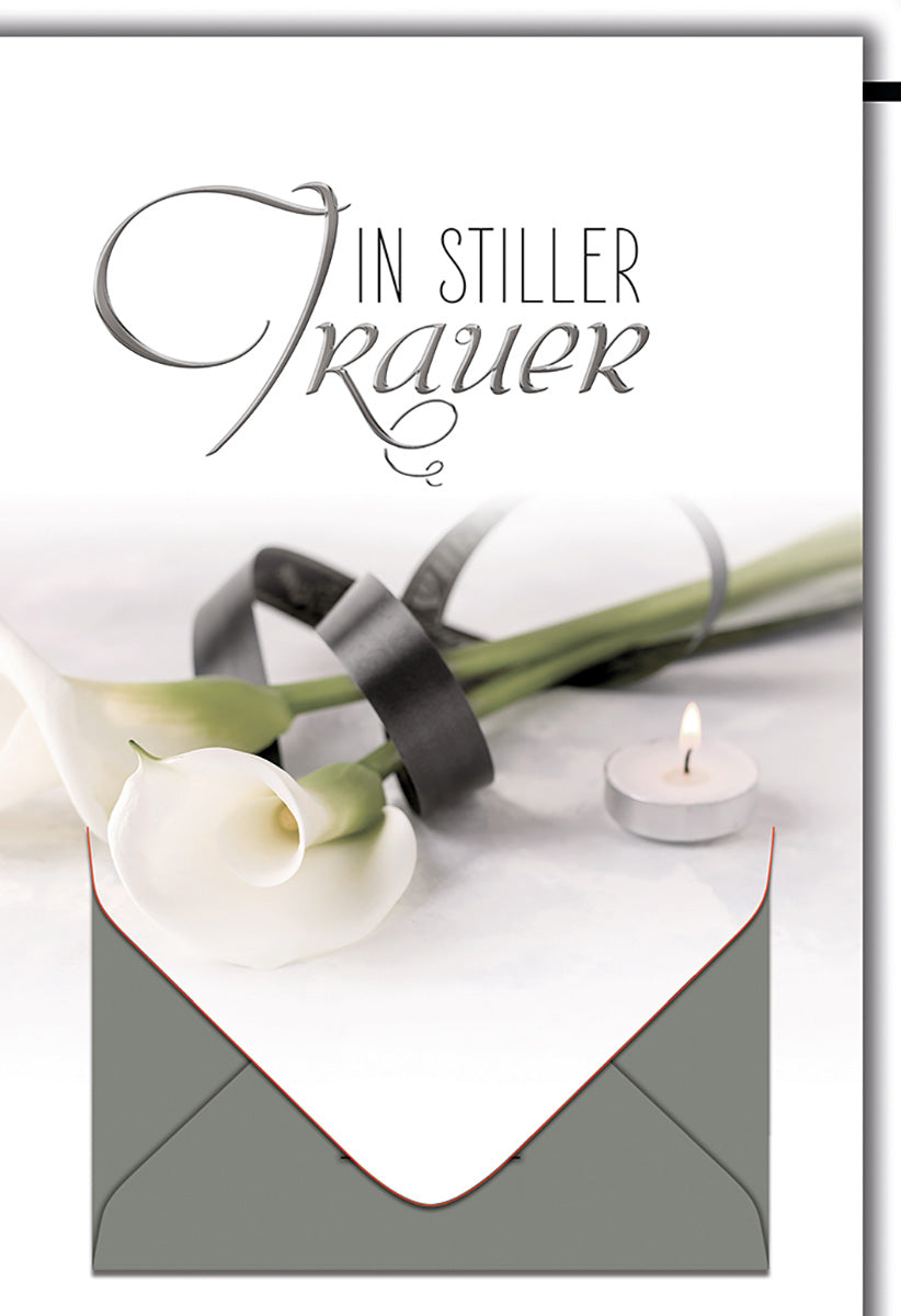 Trauerkarte mit Calla-Motiv und Kerze – Elegante Beileidskarte in Schwarz-Weiß für stille Anteilnahme