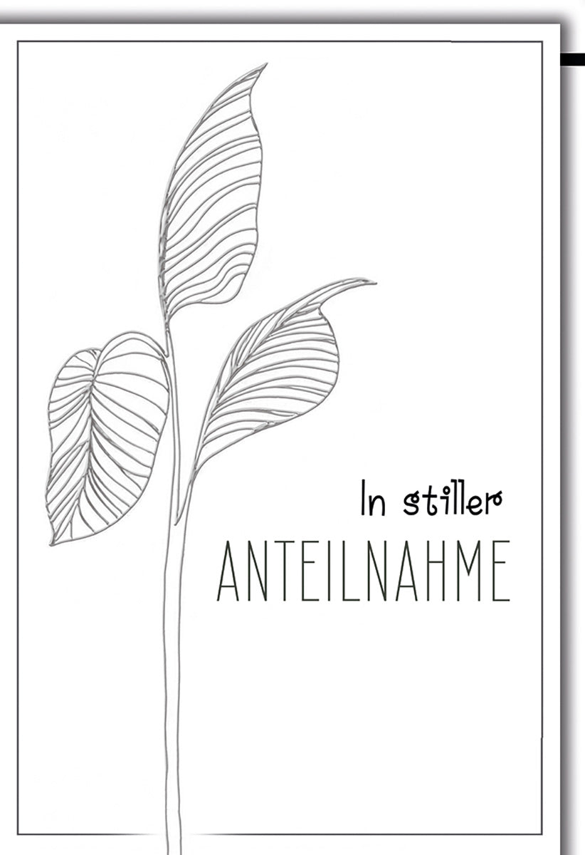 Trauerkarte mit elegantem Pflanzenmotiv, schwarz-weiß, minimalistisch für stilvolle Beileidsbekundungen