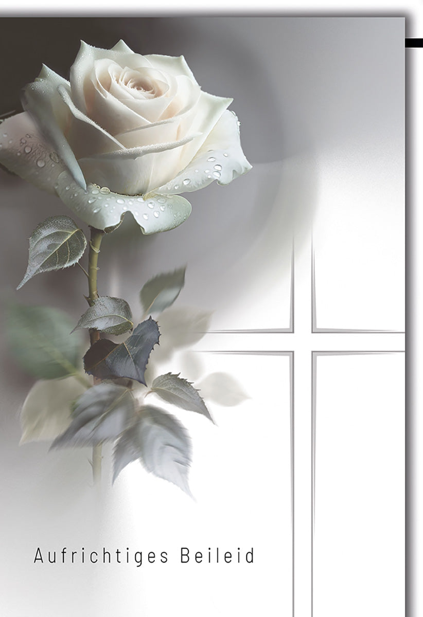 Trauerkarte mit Eleganter Weißer Rose und Kreuzmotiv – Stilvolle Beileidsbekundung in Sanften Tönen