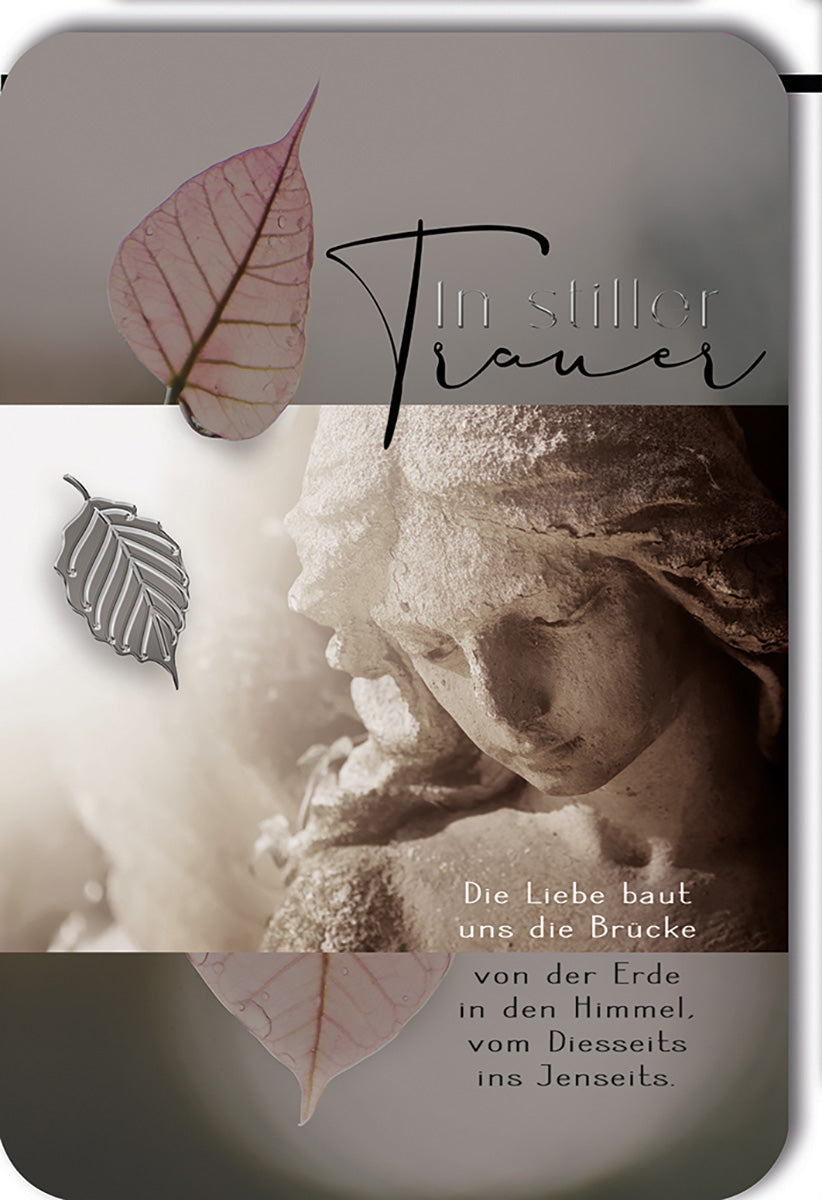 Trauerkarte mit Engelmotiv – Elegante Grautöne und Blattdetails, Trost spendend für Hinterbliebene