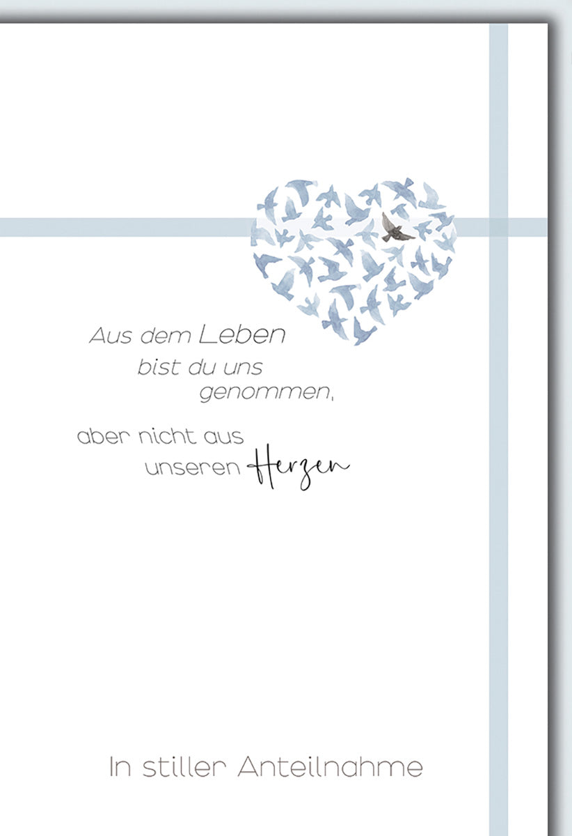 Trauerkarte mit Herz-Motiv aus Vögeln – Elegante Beileidskarte in Blau und Weiß für stille Anteilnahme
