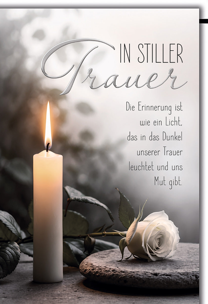 Trauerkarte mit Kerze und Rose – Elegantes Design in Schwarz-Weiß für stille Anteilnahme